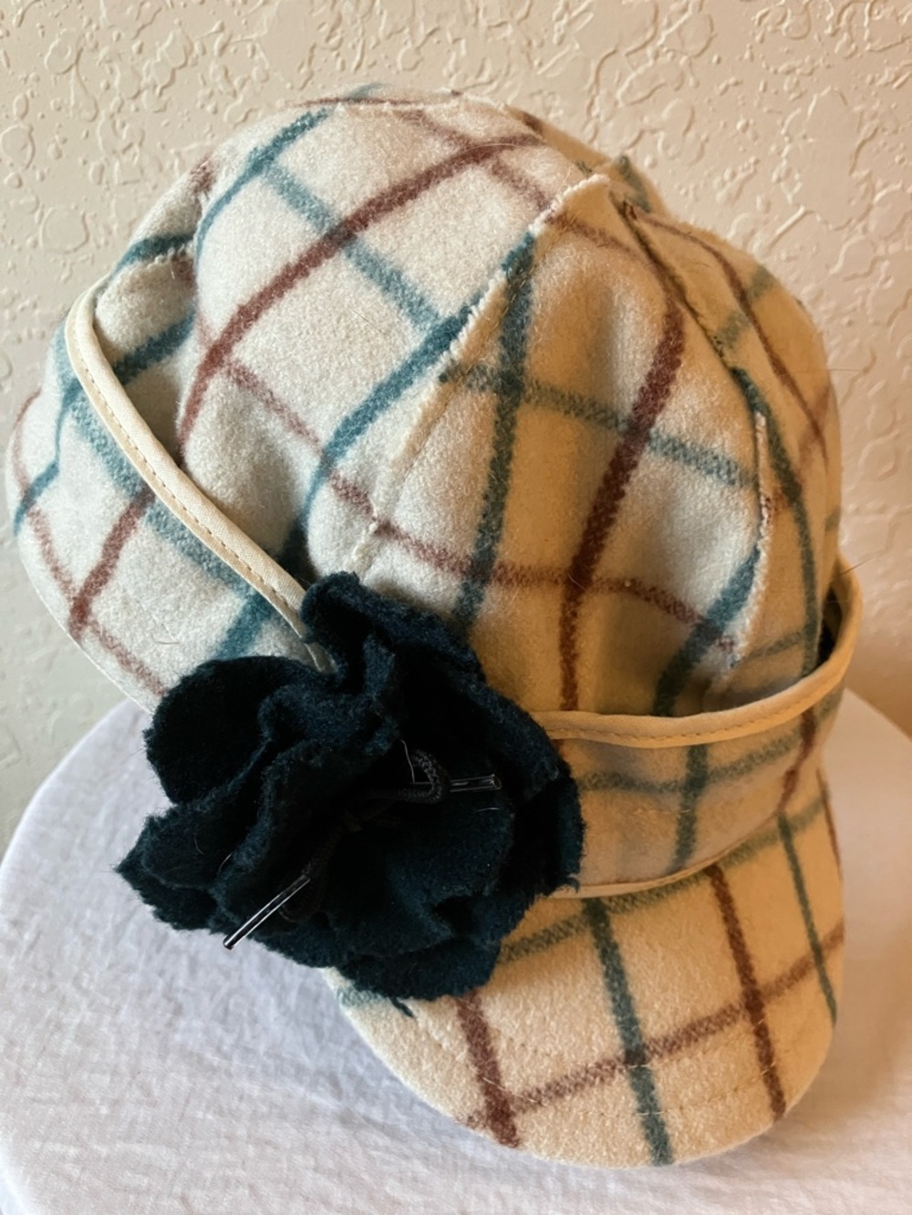 Stormy Kromer: Vintage Cream Plaid Wool Cap- Flower Accent- Made in USA